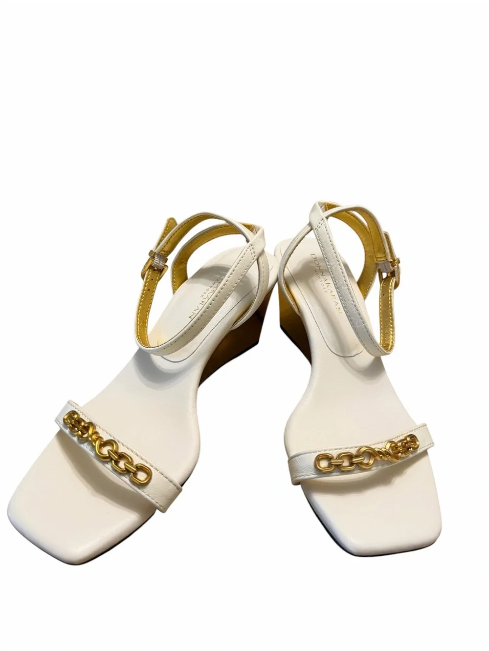 Donna Karan NY White Leather Gold Chain Wedge Sandals NWOB Size 8.5